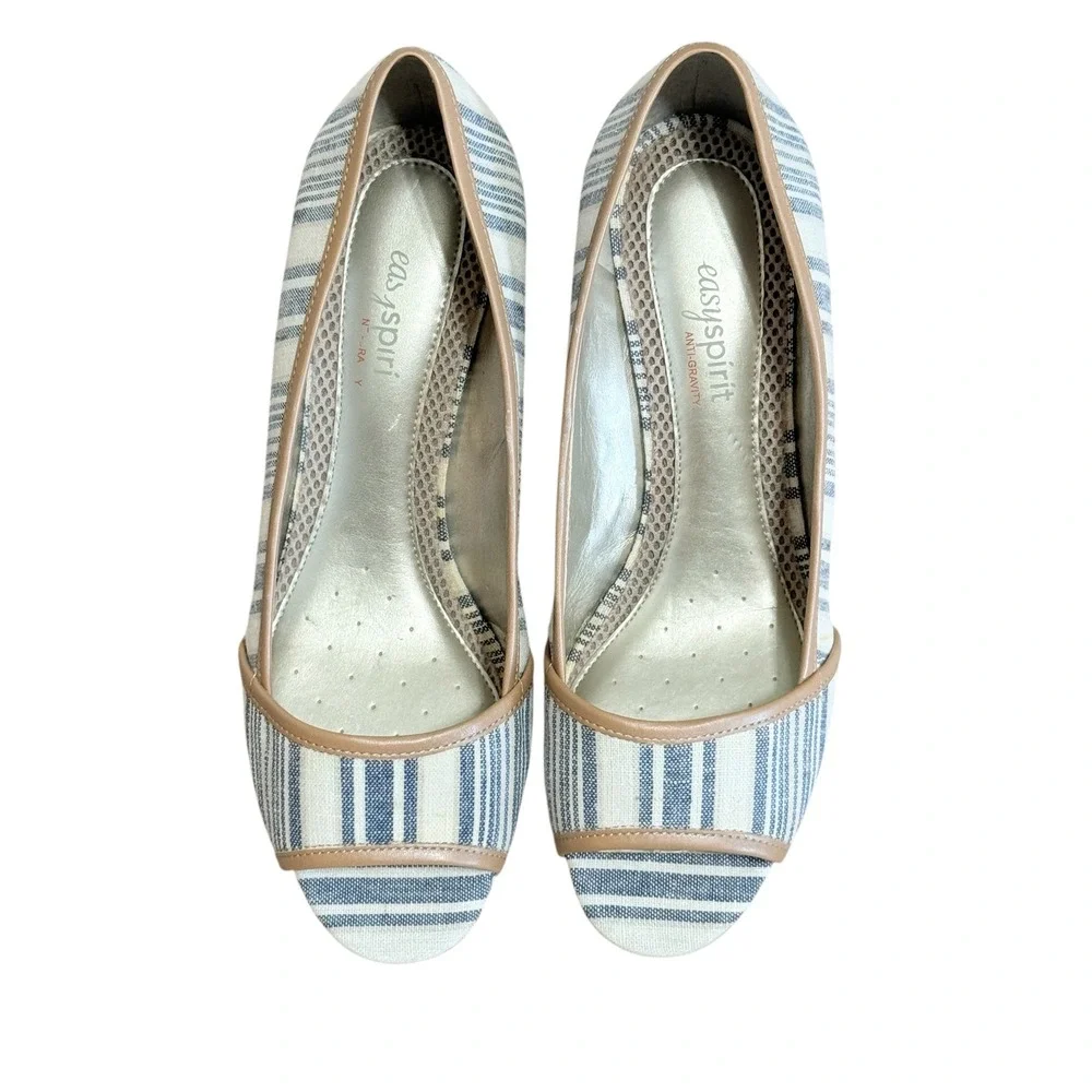 Easy‎ Spirit Brigette Size-8W Blue White Striped Espadrille Wedge Peep Toe Shoes